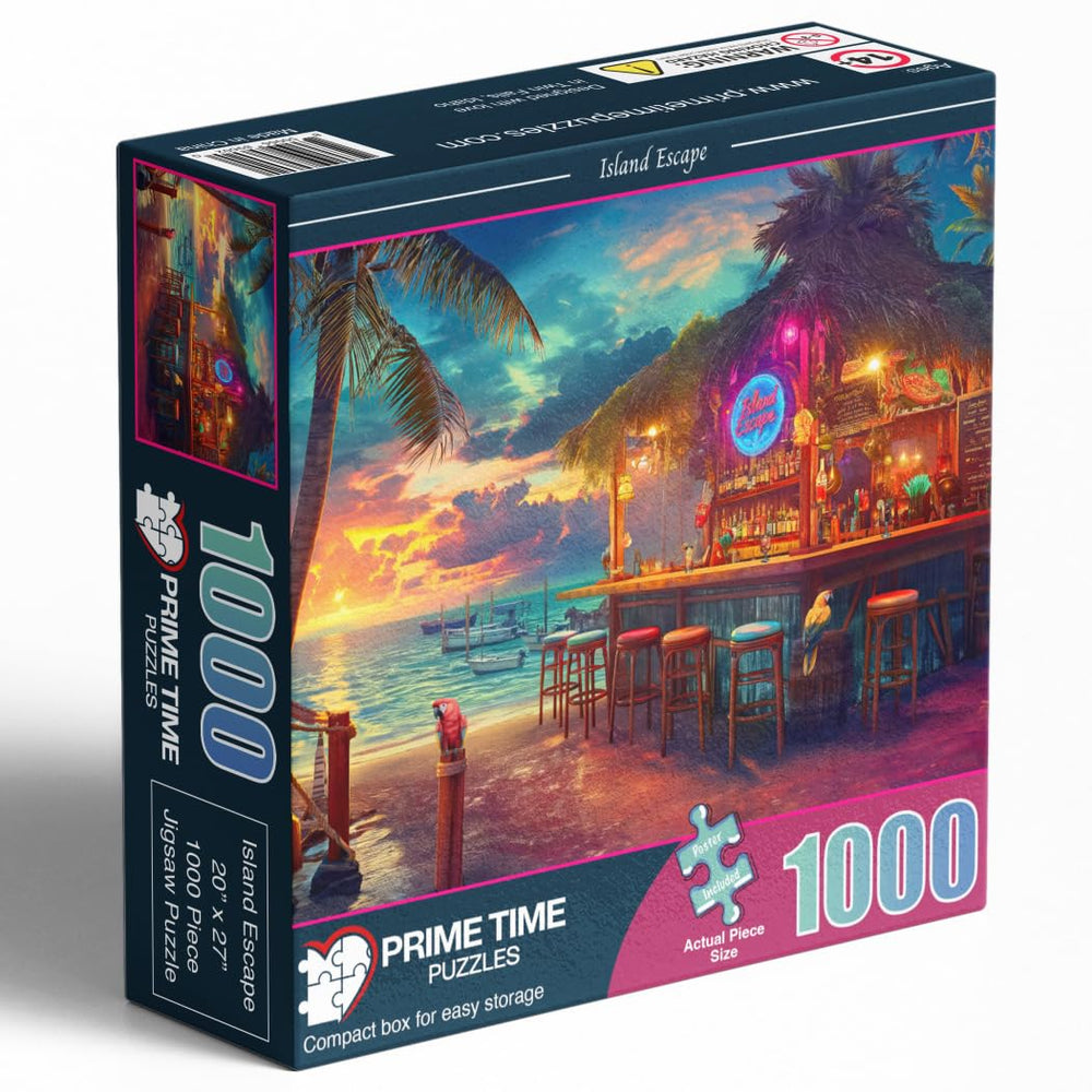 Prime Time Puzzles Beach Bar at Sunset with parrots adds tropical charm.