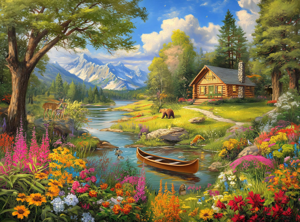 Prime TIme Puzzles log cabin by mountain lake puzzle—serene nature scene for relaxed evenings