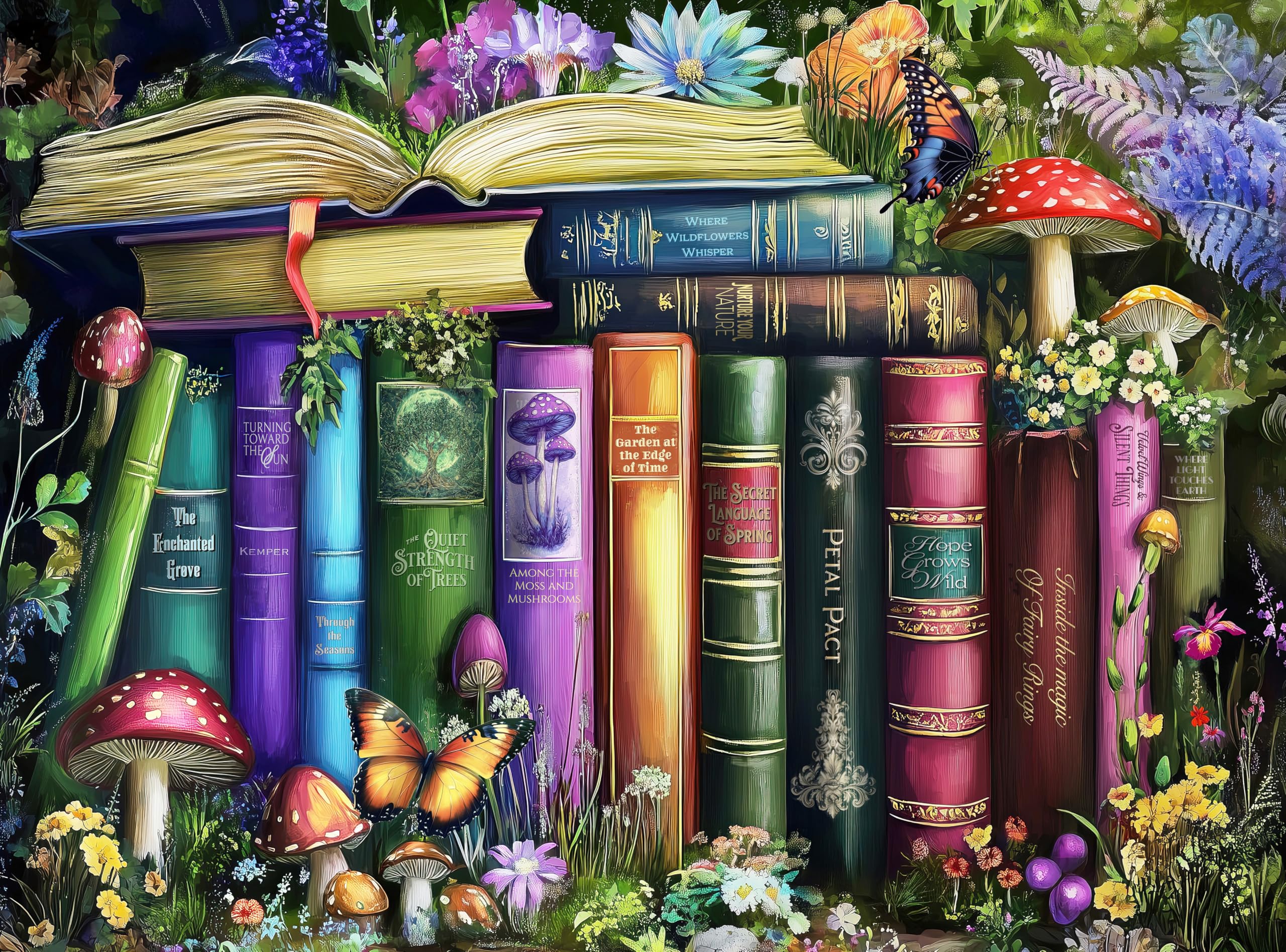 Prime Time Puzzles wildflowers, mushrooms and books in nature showcase a vibrant scene for mindful evenings.