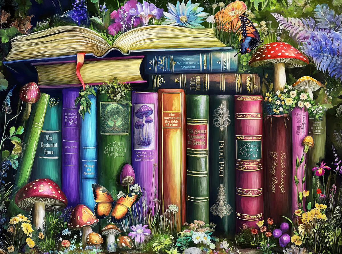 Prime Time Puzzles wildflowers, mushrooms and books in nature showcase a vibrant scene for mindful evenings.