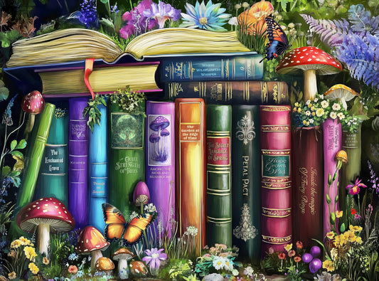 Prime Time Puzzles wildflowers, mushrooms and books in nature showcase a vibrant scene for mindful evenings.
