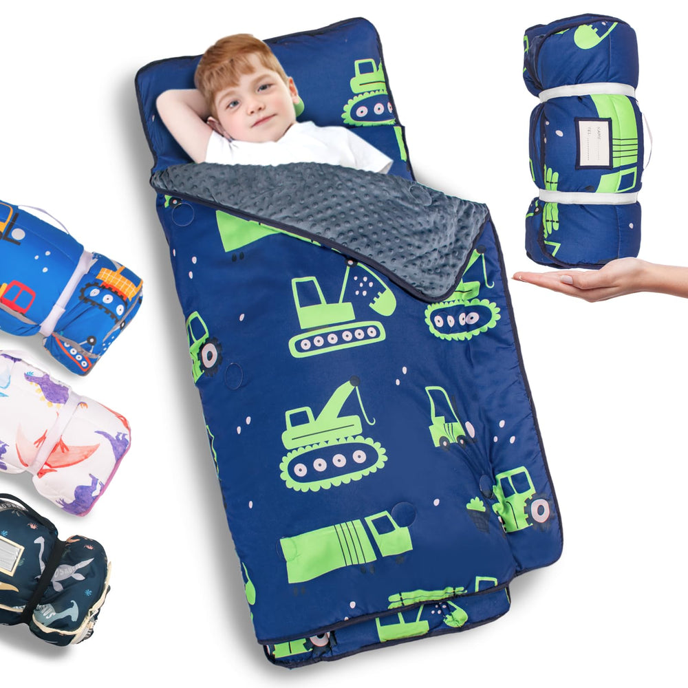 PRIMLECT excavator nap mat flatlay; roomy 55 by 35 inches for comfy daycare rest