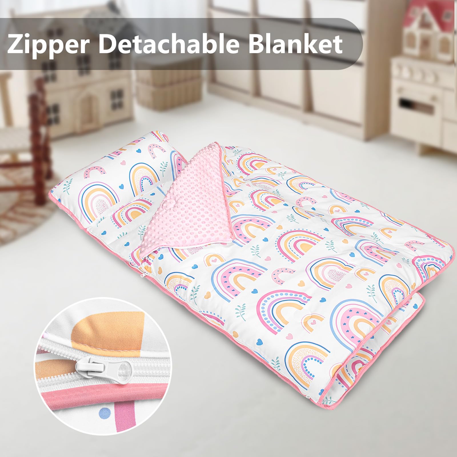 PRIMLECT Nap Mat Rainbow with detachable blanket for easy cleaning after daycare.