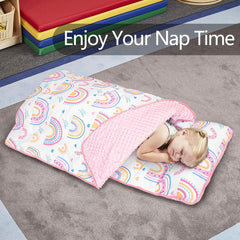 PRIMLECT Rainbow nap mat showing elastic bands and carrying handle for portability.
