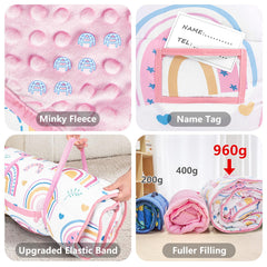 PRIMLECT Rainbow nap mat with soft Minky dot lining for cozy warmth.