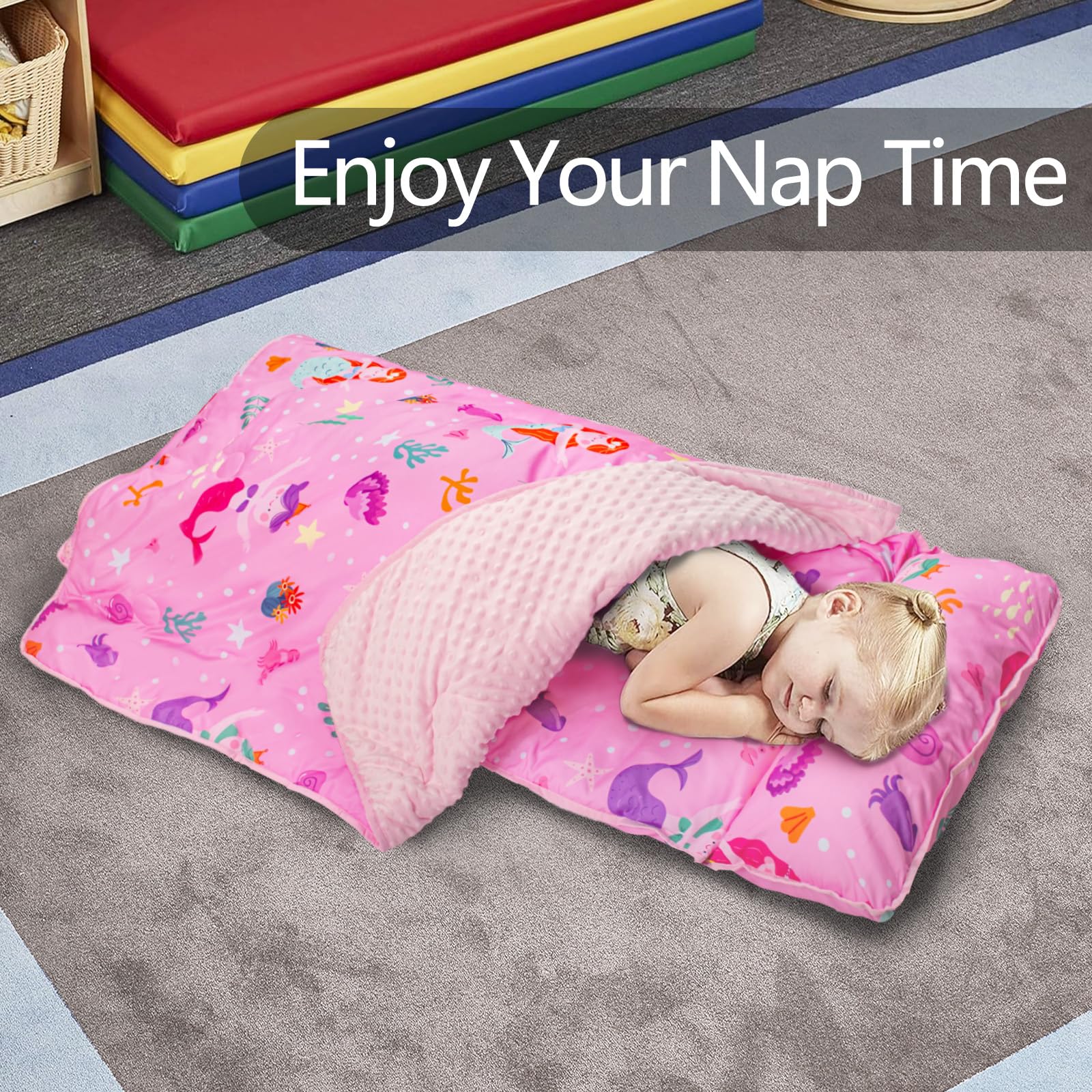 PRIMLECT nap mat with carrying handle for portable daycare use.