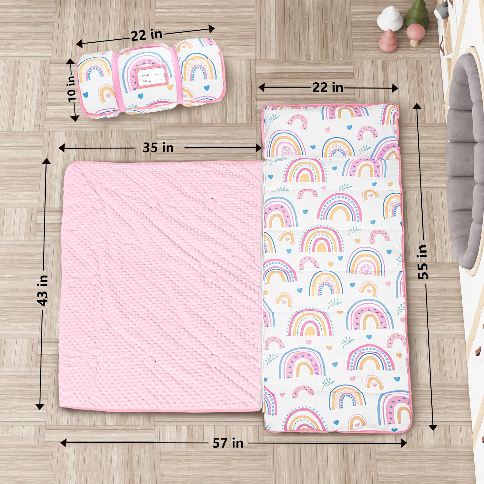 PRIMLECT Toddler Nap Mat Rainbow pillow included for neck support during naps.