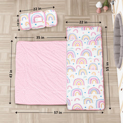 PRIMLECT Toddler Nap Mat Rainbow pillow included for neck support during naps.
