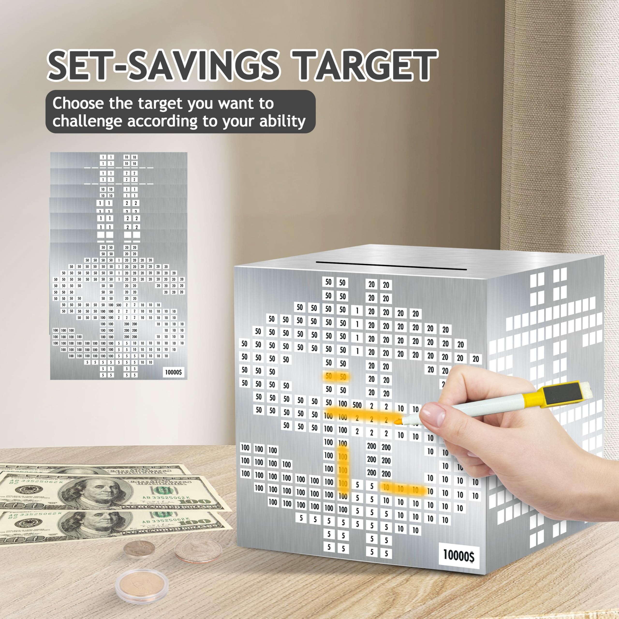 Primo Lines goal tracker cross-off system, visual progress inspires saving habits