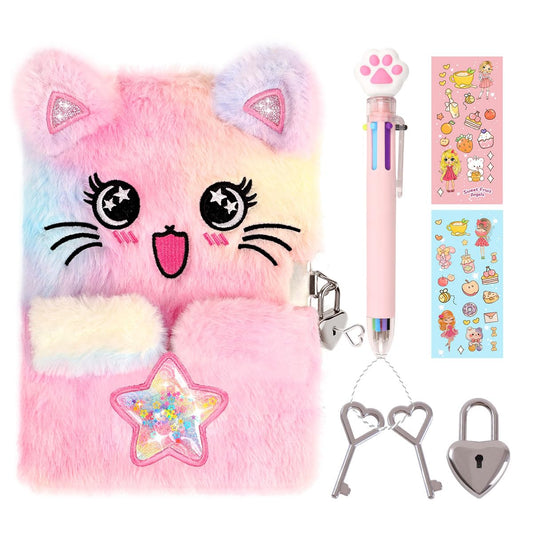 PrinBarBee Cat Diary cover close-up with fluffy tie-dye fabric sparks imaginative journaling.