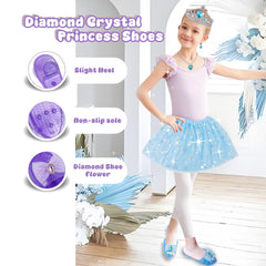 Jewelry pieces from the Princess Dress Up Set laid out in pink, purple, and blue hues