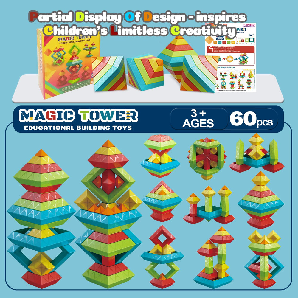 Prinlion pyramid tower promotes stacking skills and imaginative play.