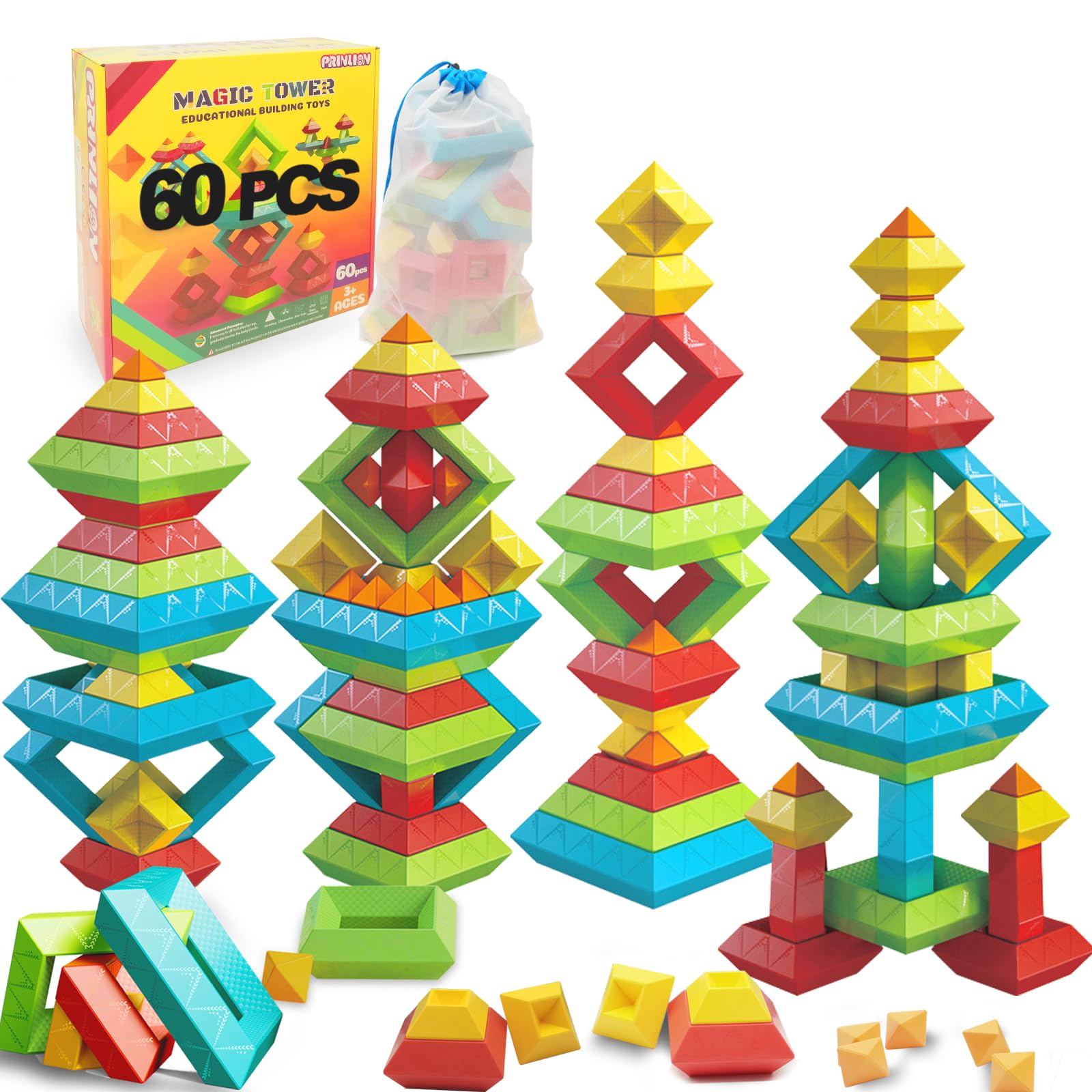 Prinlion stacking toys 60pcs colorful blocks enhance creativity during play.