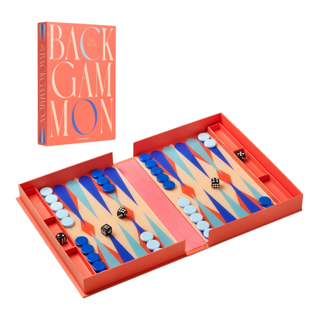 PrintWorks Art of Backgammon red-blue acrylic cover blends decor with gameplay