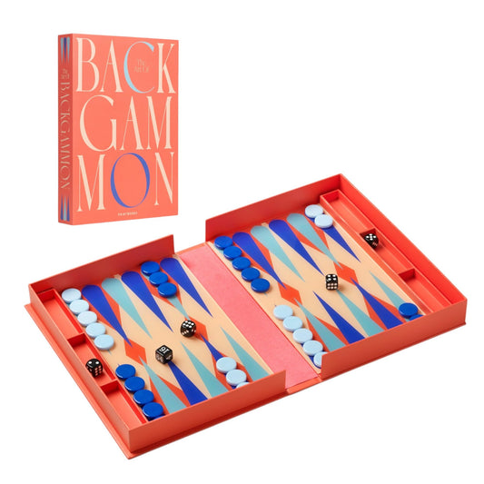 PrintWorks Art of Backgammon red-blue acrylic cover blends decor with gameplay