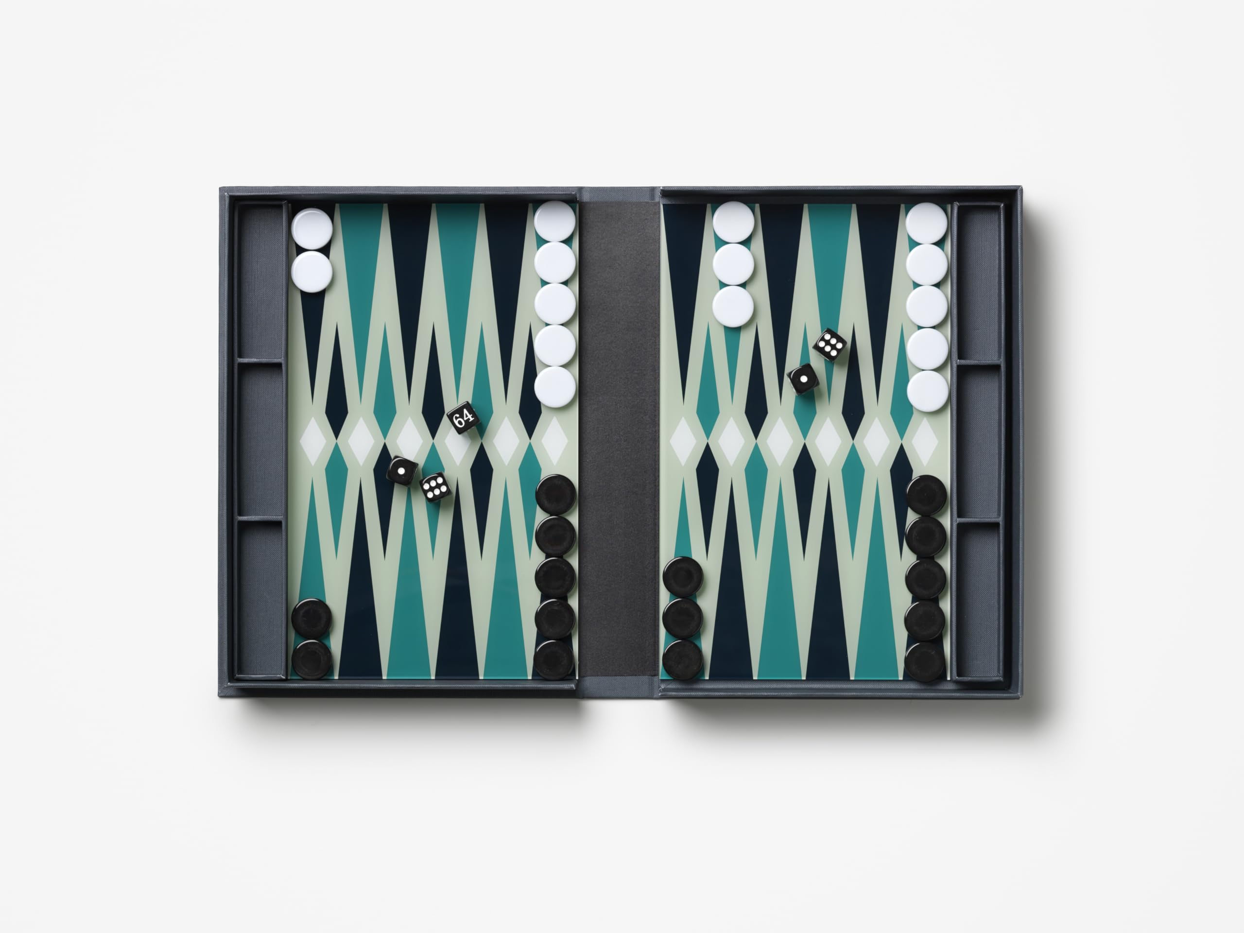 PrintWorks Classic Backgammon closed book-style case showing portable storage and easy setup