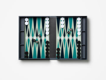 PrintWorks Classic Backgammon closed book-style case showing portable storage and easy setup