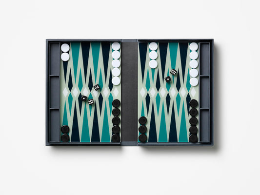 PrintWorks Classic Backgammon closed book-style case showing portable storage and easy setup