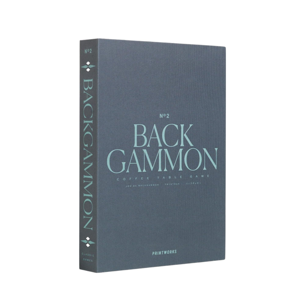 PrintWorks Classic Backgammon open book-style board in grey and blue acrylic for stylish tabletop play