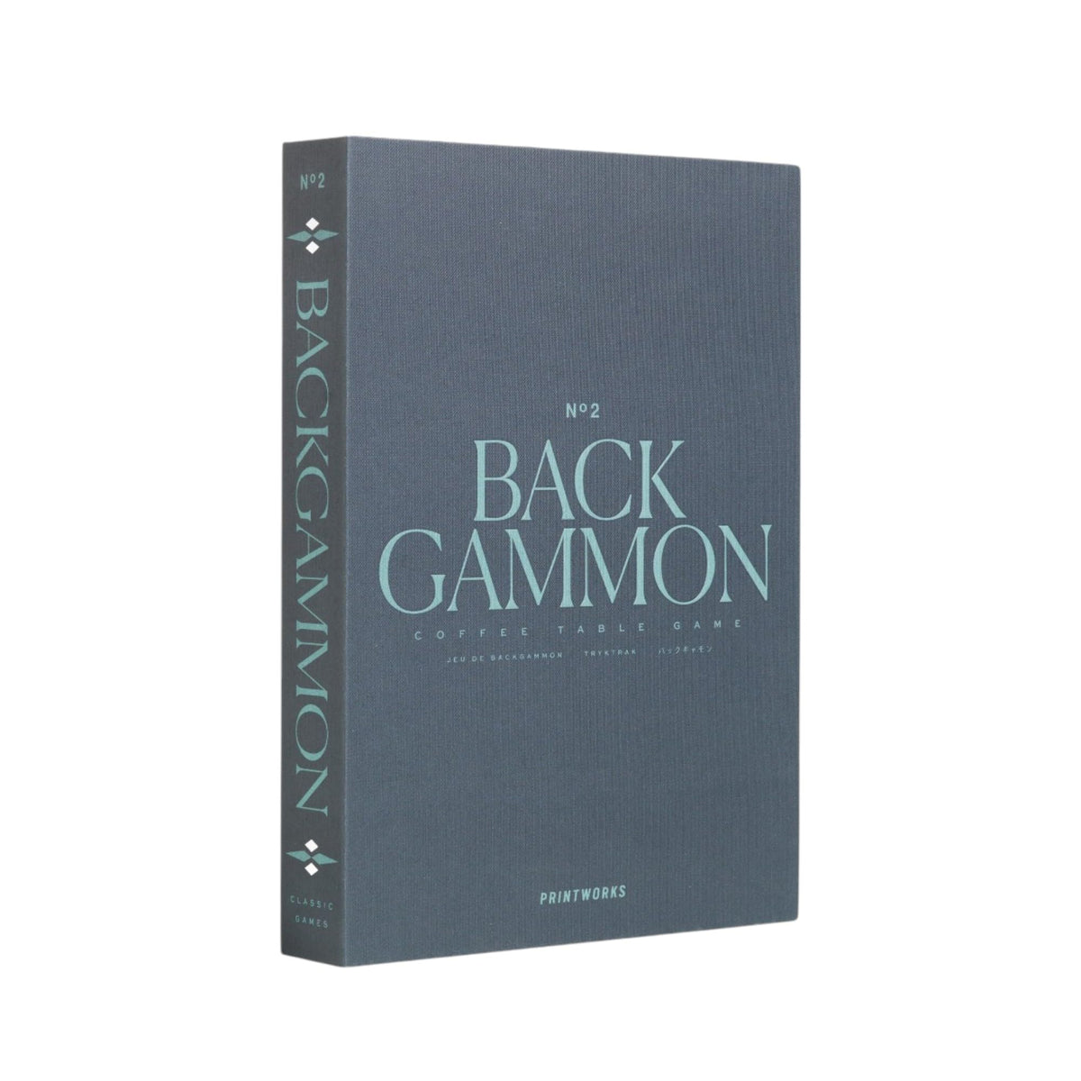 PrintWorks Classic Backgammon open book-style board in grey and blue acrylic for stylish tabletop play