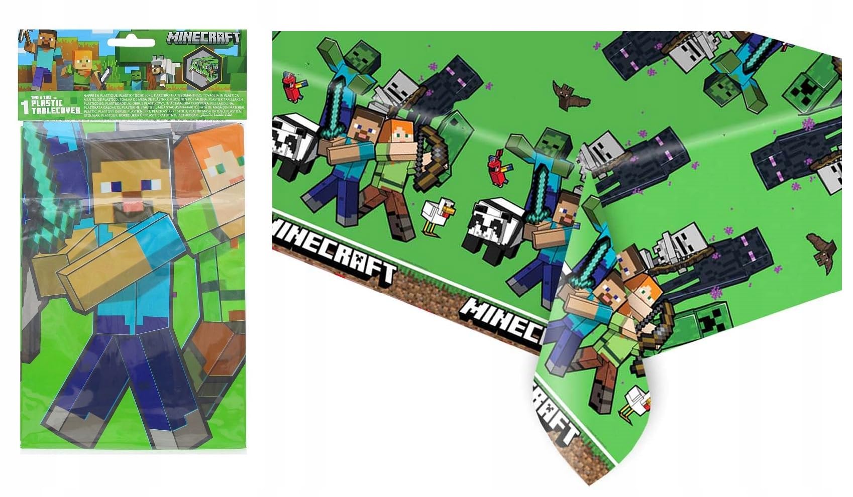 PROCOS Minecraft table cover - angled view with vibrant game-themed decor for parties.