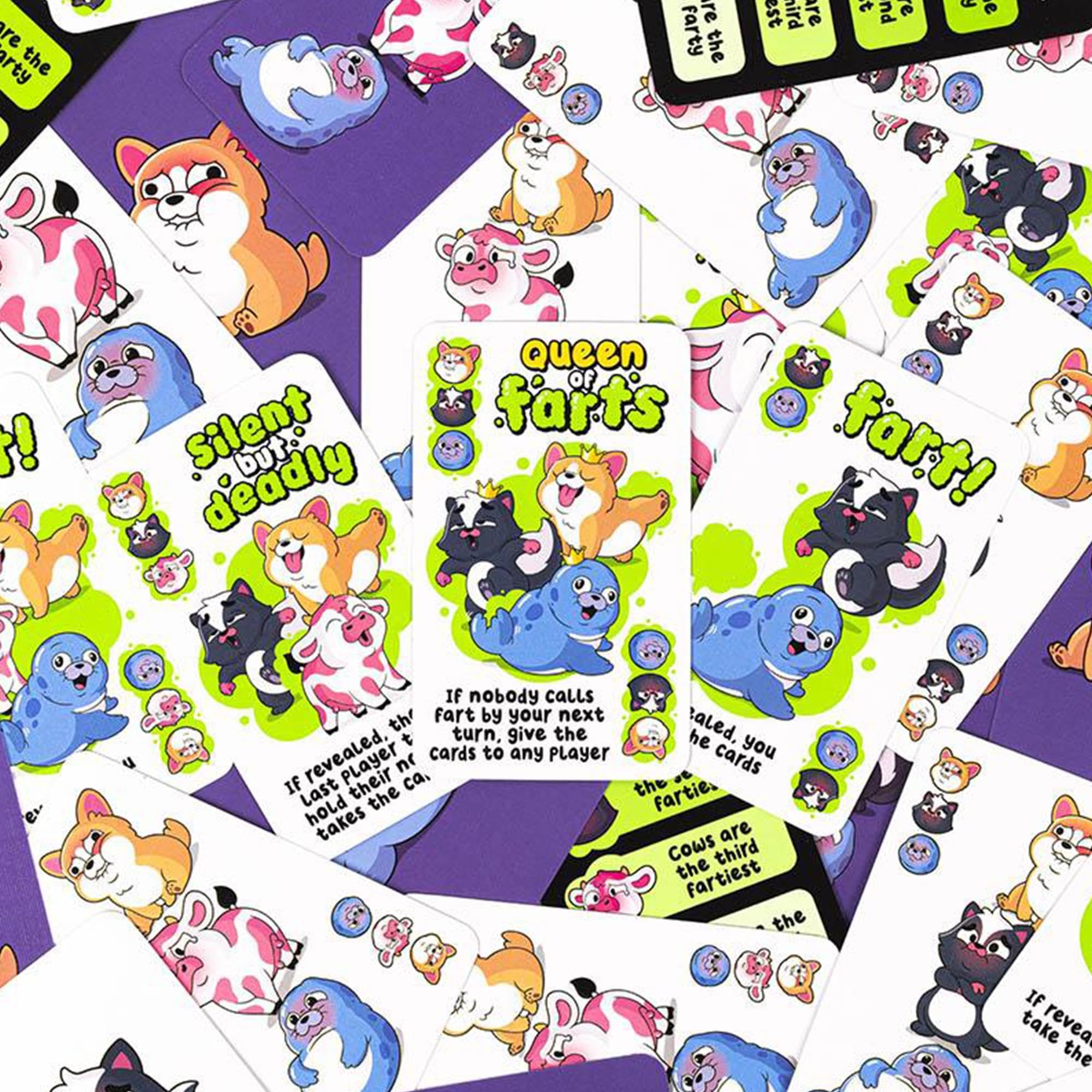 Professor PUZZLE Queen of Farts fart-cards collection close-up for strategy.