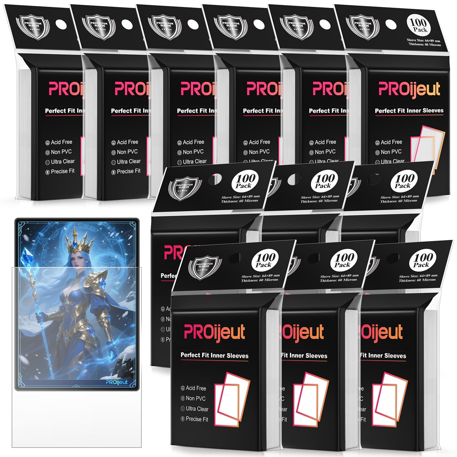 Proijeut 1200-pack clear inner sleeves front view shows protection for cards