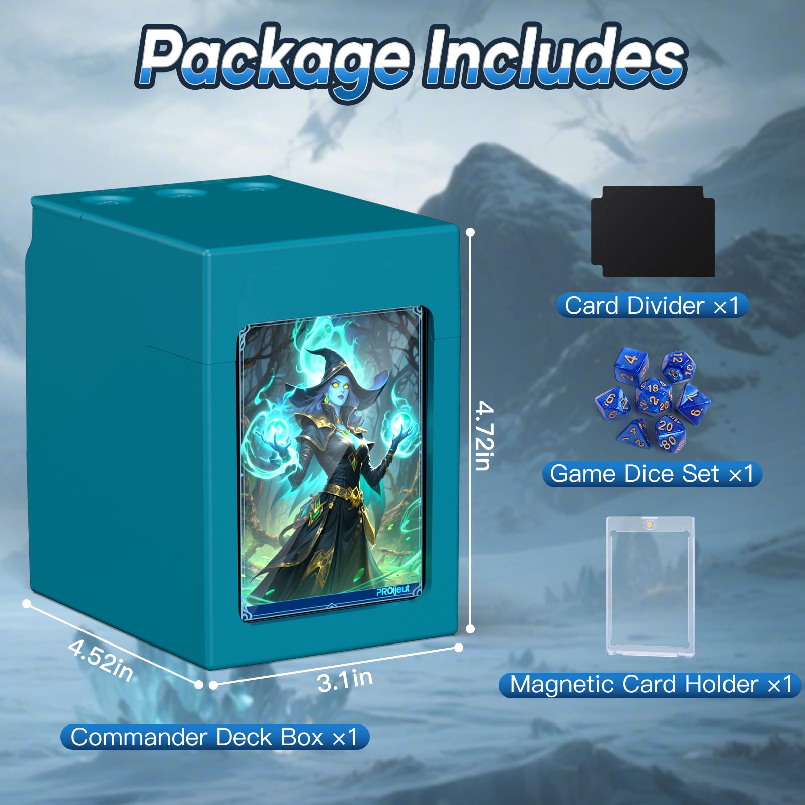 Proijeut MTG deck box includes magnetic brick, divider, and seven dice.