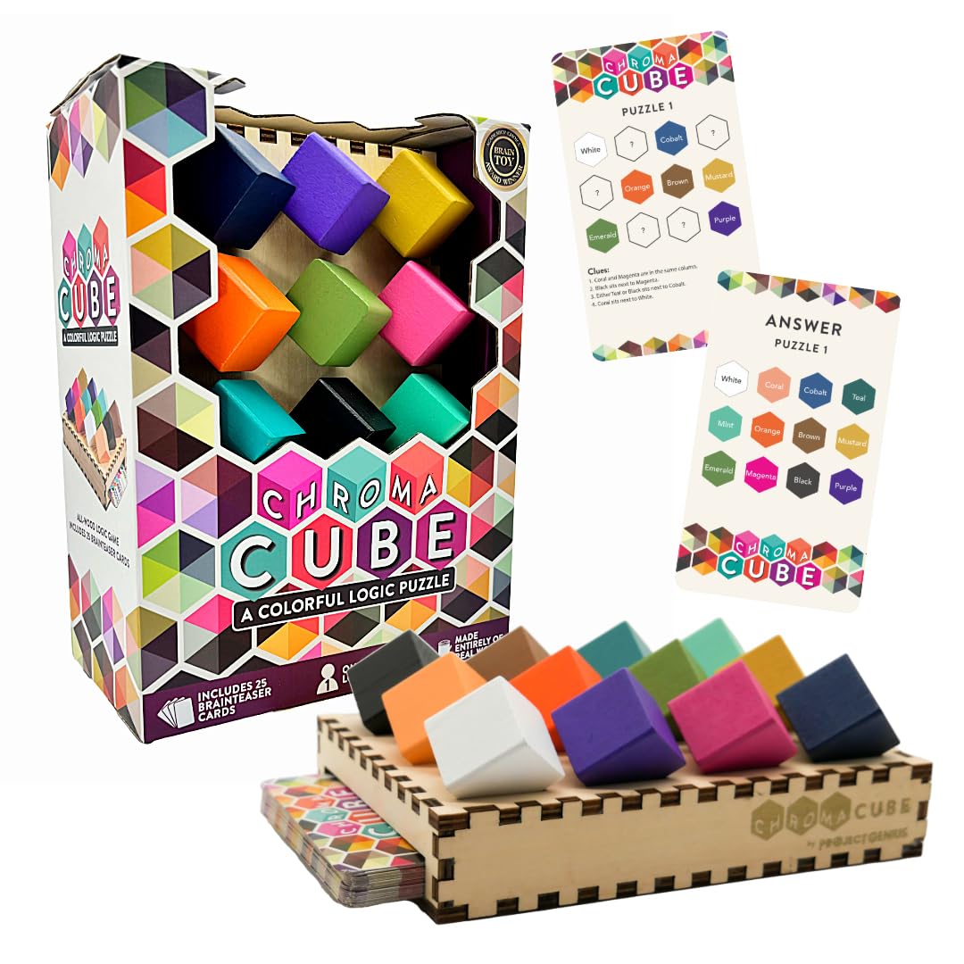 Project Genius Chroma Cube: colorful wood blocks for hands-on puzzle play and solo reasoning.