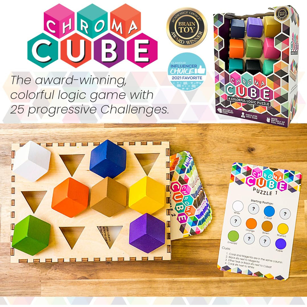 Project Genius Chroma Cube: 25 puzzle cards offer escalating challenges for solo play.