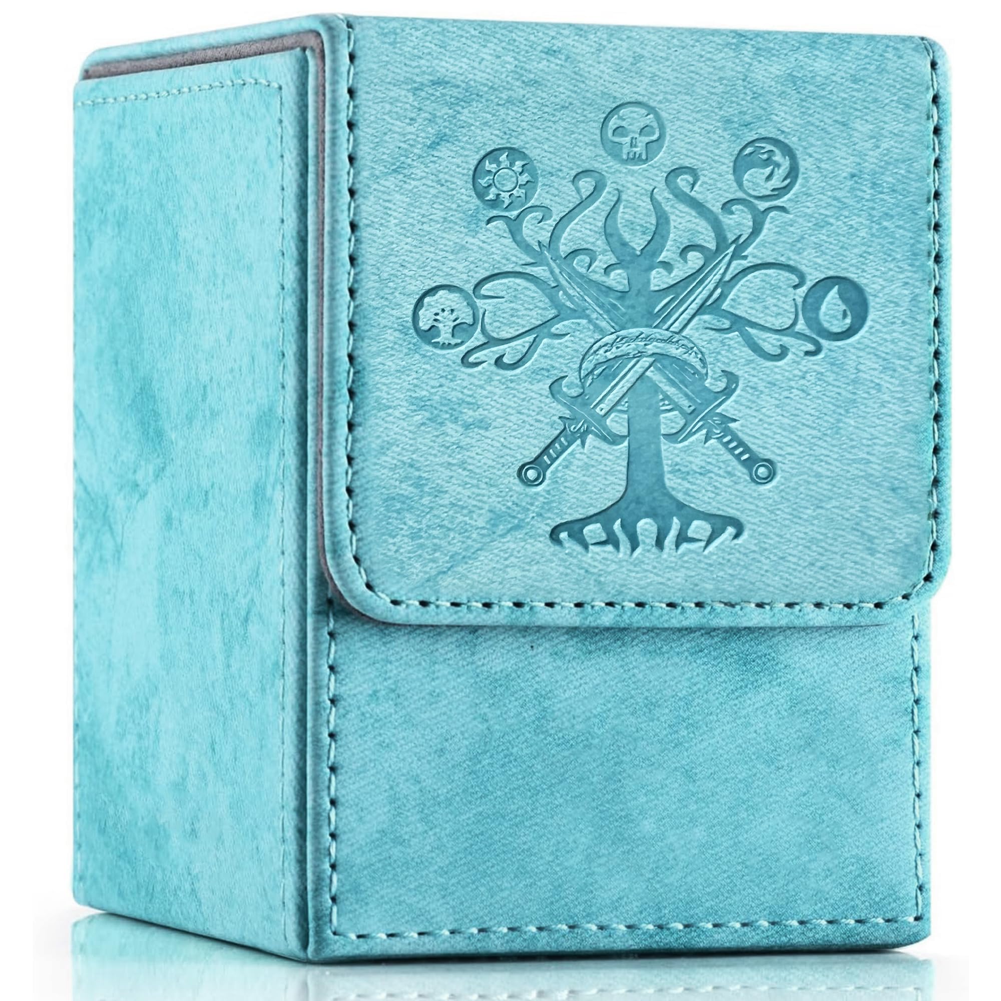 PROMAXIBINDER MTG deck box front view in sky blue with tree motif protects cards on the go.