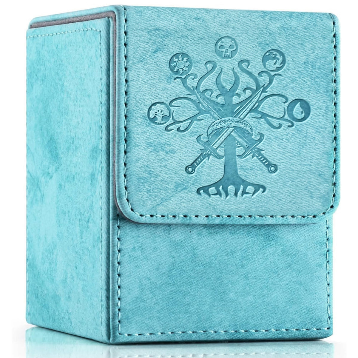 PROMAXIBINDER MTG deck box front view in sky blue with tree motif protects cards on the go.