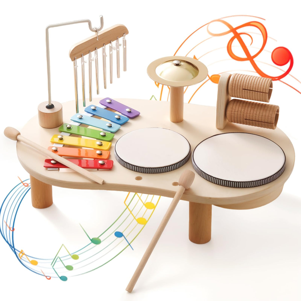 Promise Babe wooden drum center for toddlers exploring rhythm and coordination.