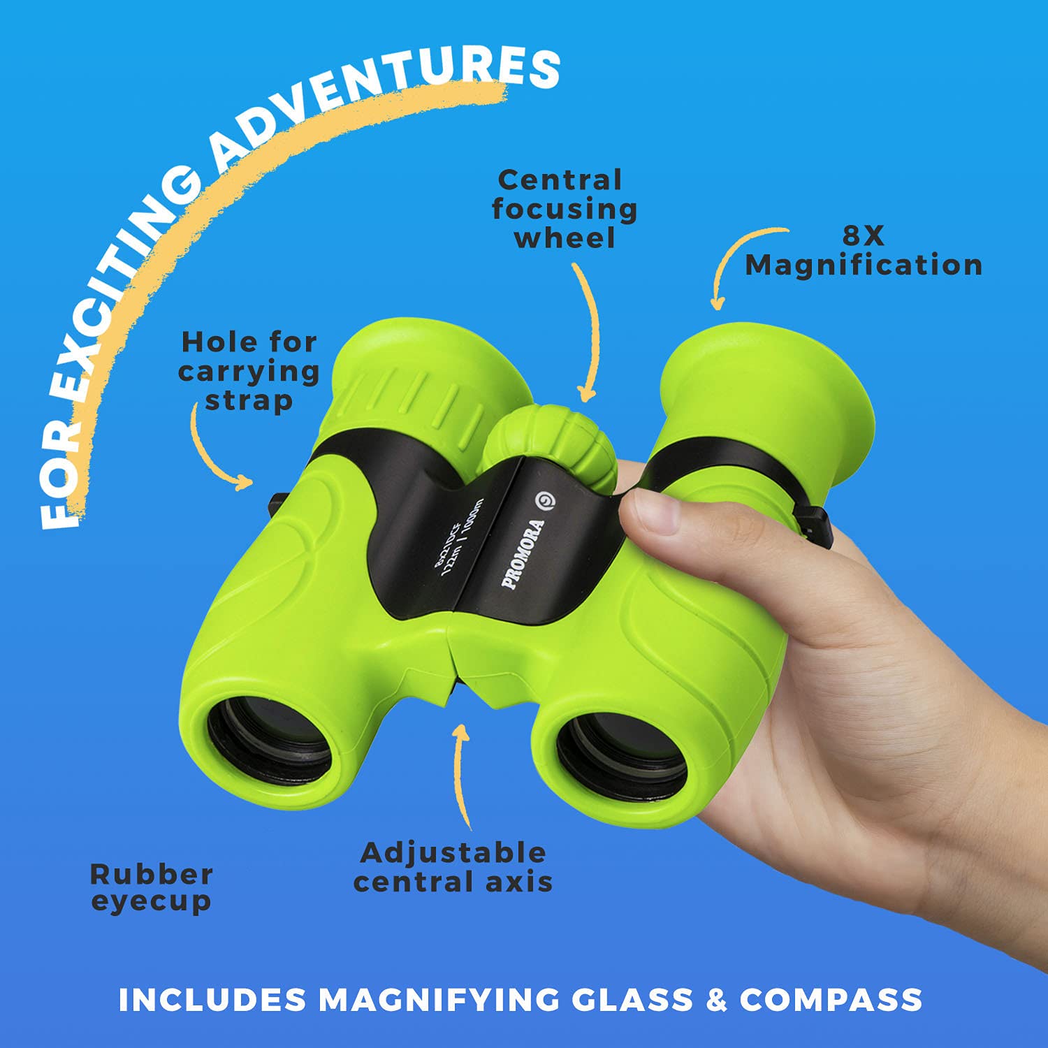 Promora Kids Binoculars 8x21 center focus wheel enables sharp distant details on hikes.