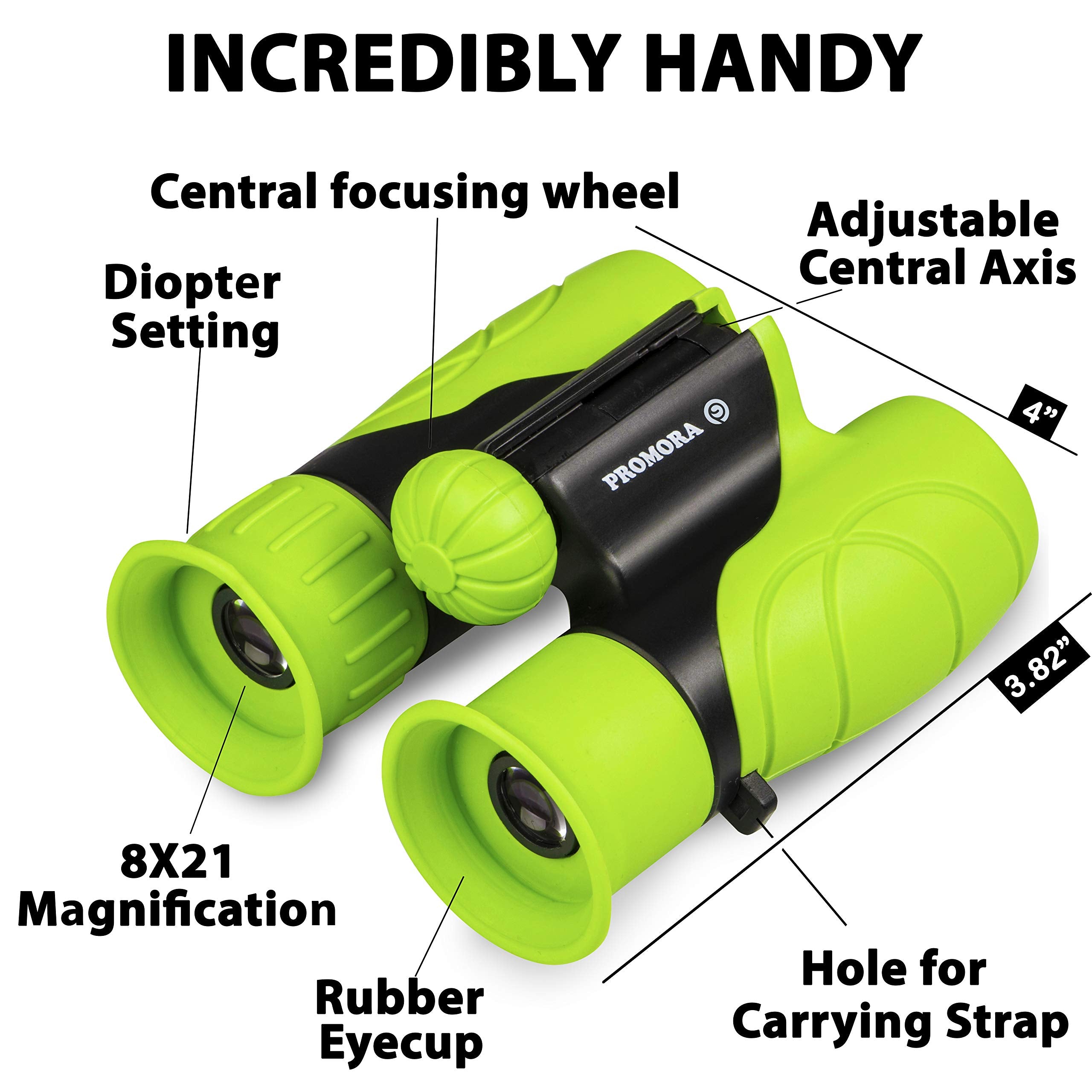 Promora Kids Binoculars 8x21 bundled with magnifying glass to inspect small details.