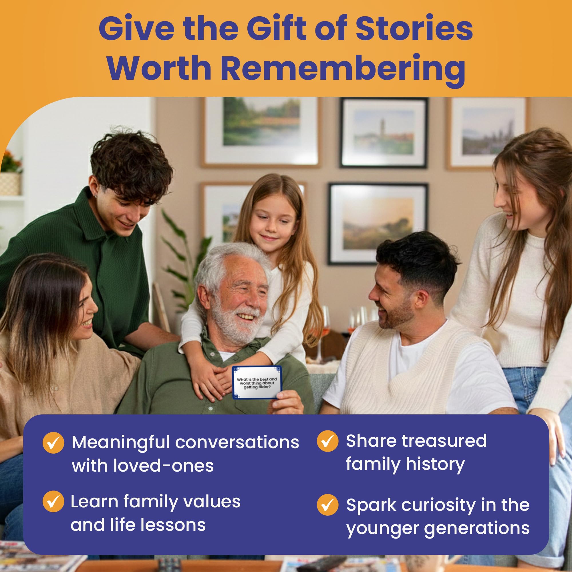 Spread of Prompta cards showing questions for deep intergenerational conversations.