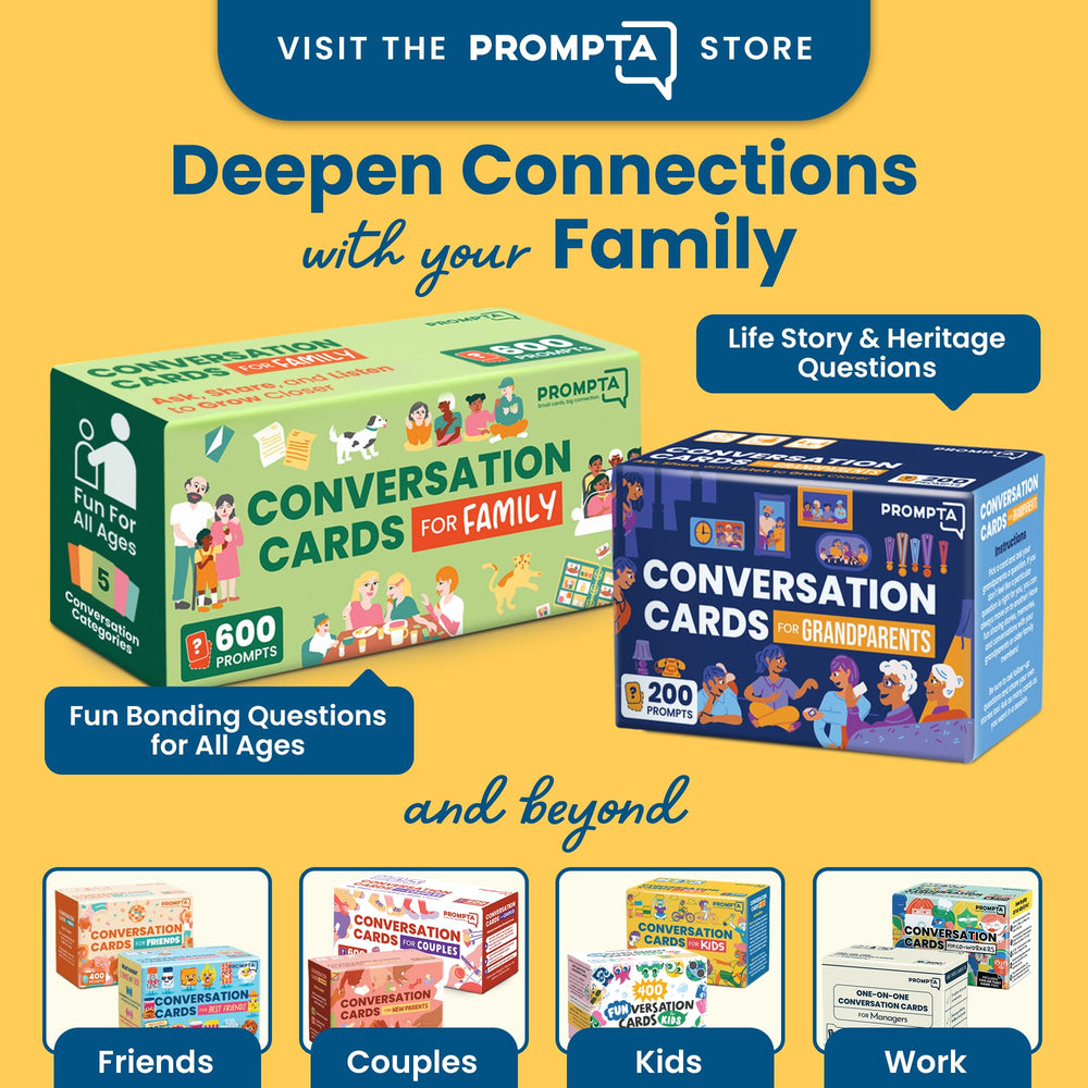 Smiling grandparents with kids using Prompta prompts to share memories.