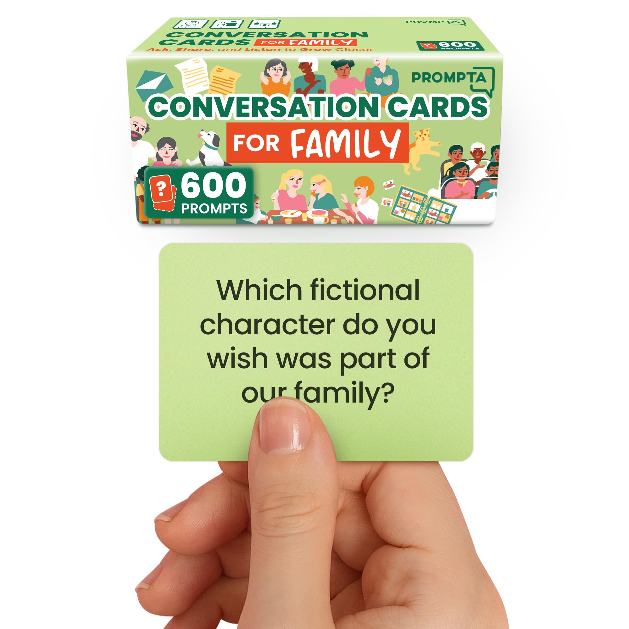 Prompta 600 conversation cards on a family dinner table encouraging bonding