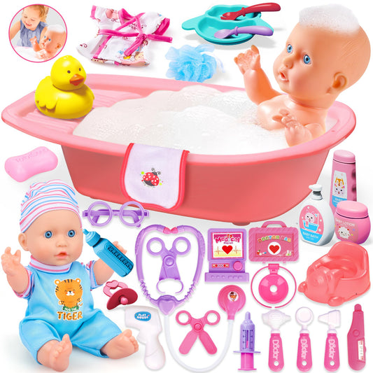 PROOU Baby Doll Care Toys 30-piece bath set for imaginative play and nurturing fun.