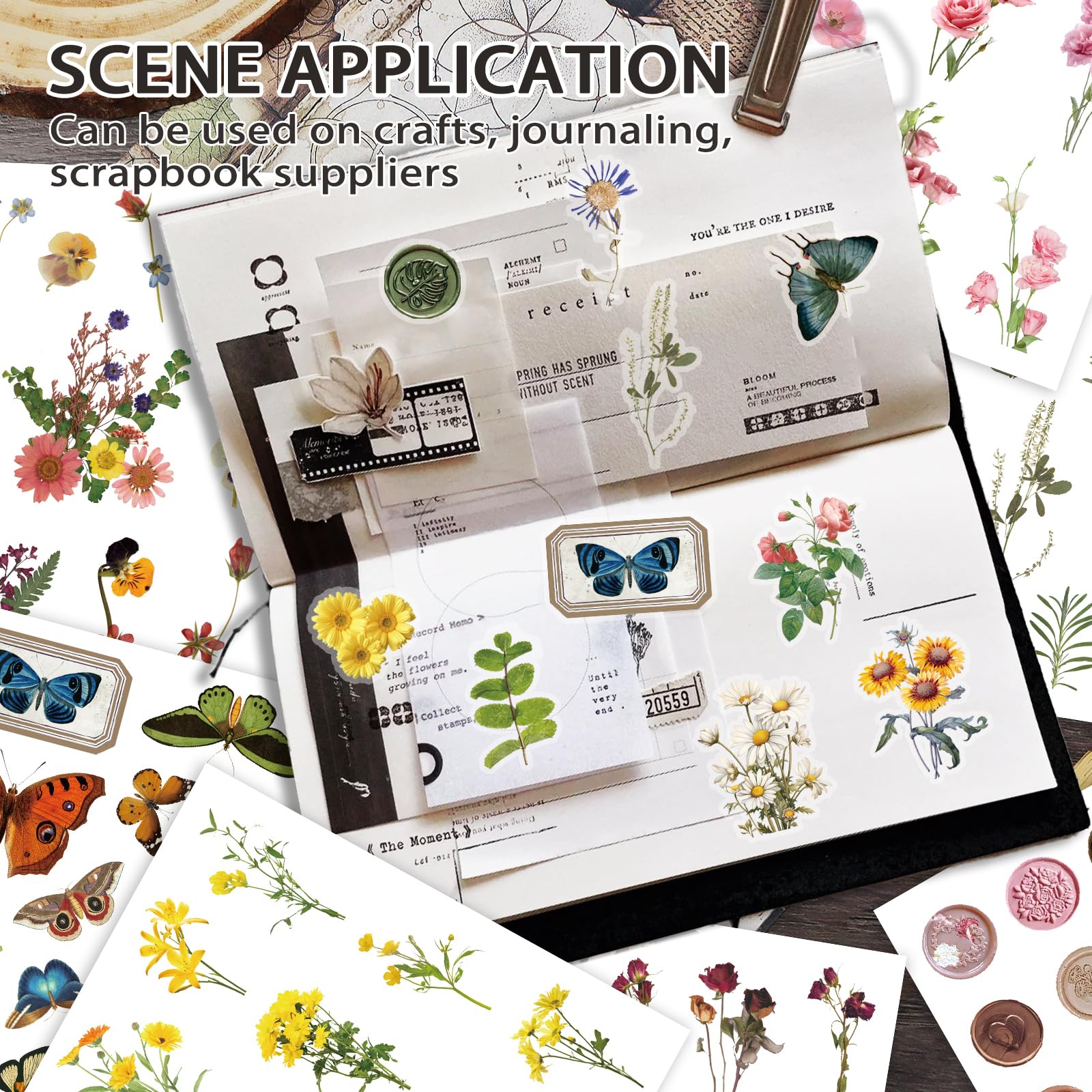 PRSTINCOL Flower Sticker Book pages open—extensive variety for scrapbooking projects.