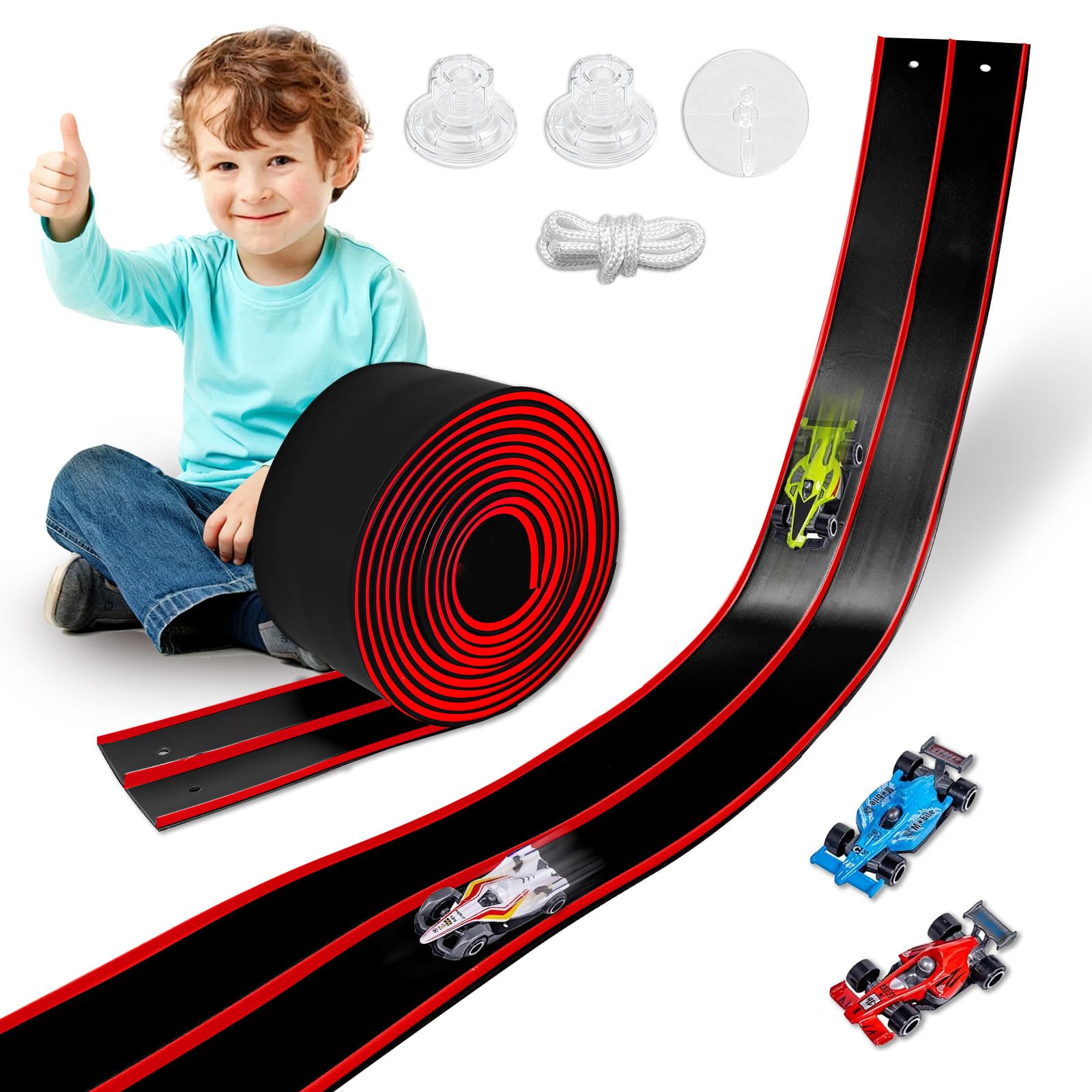 Prtneg 15ft flexible race track in action, ideal for imaginative play.