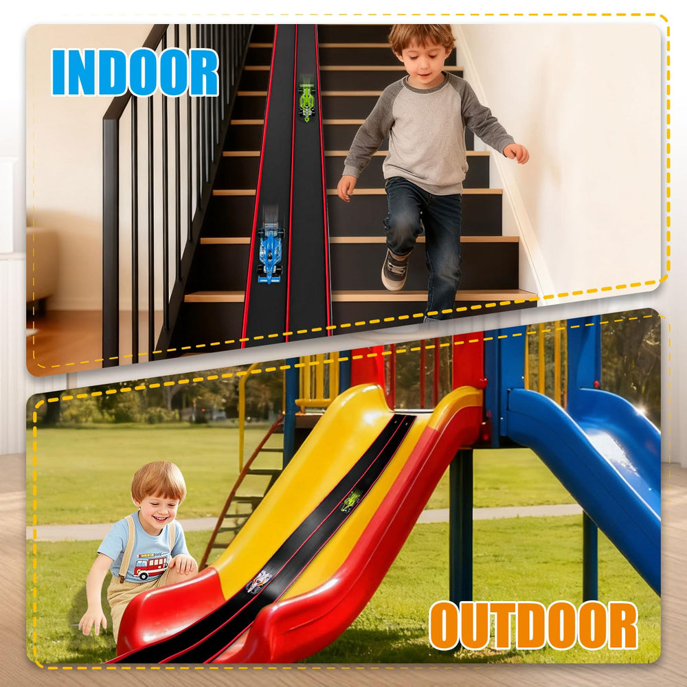 Prtneg portable racetrack travels easily for parties and trips.