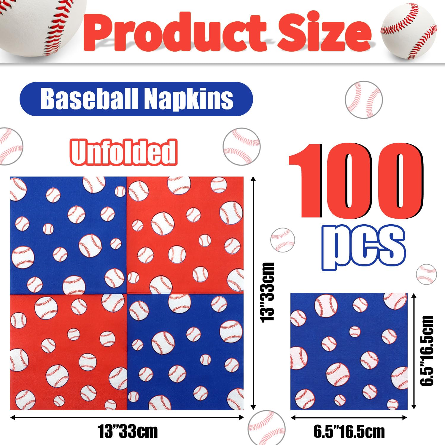 PTECDROTS baseball napkins folded 13x13 inches for broad table coverage.