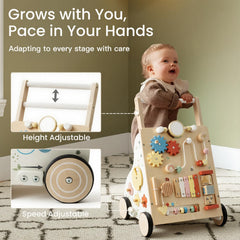 PTINFLUCE wooden baby walker speed control demonstrates adjustable pace for confidence.