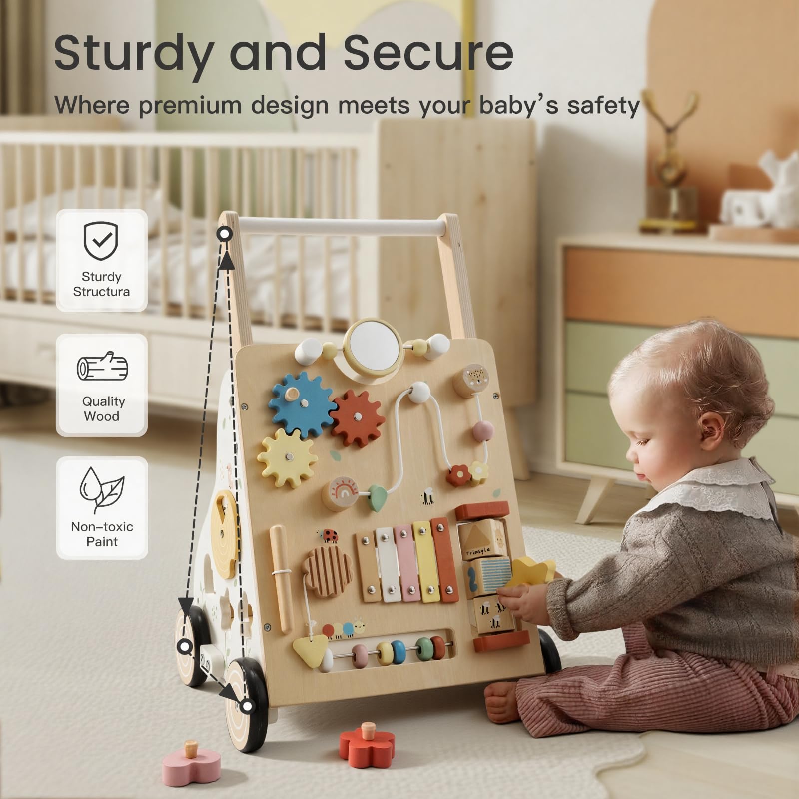 PTINFLUCE wooden baby walker toy panel close-up featuring xylophone and beads.