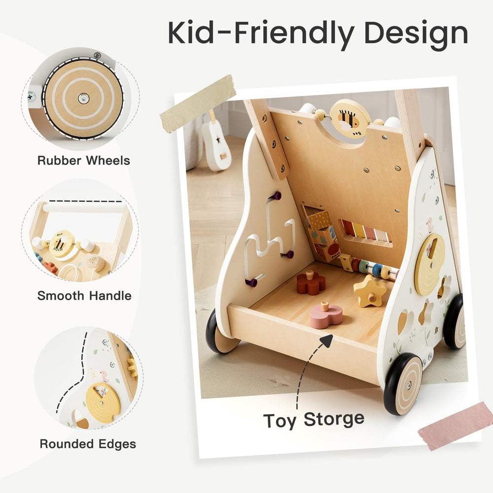PTINFLUCE wooden baby walker toy storage open compartment for favorites.