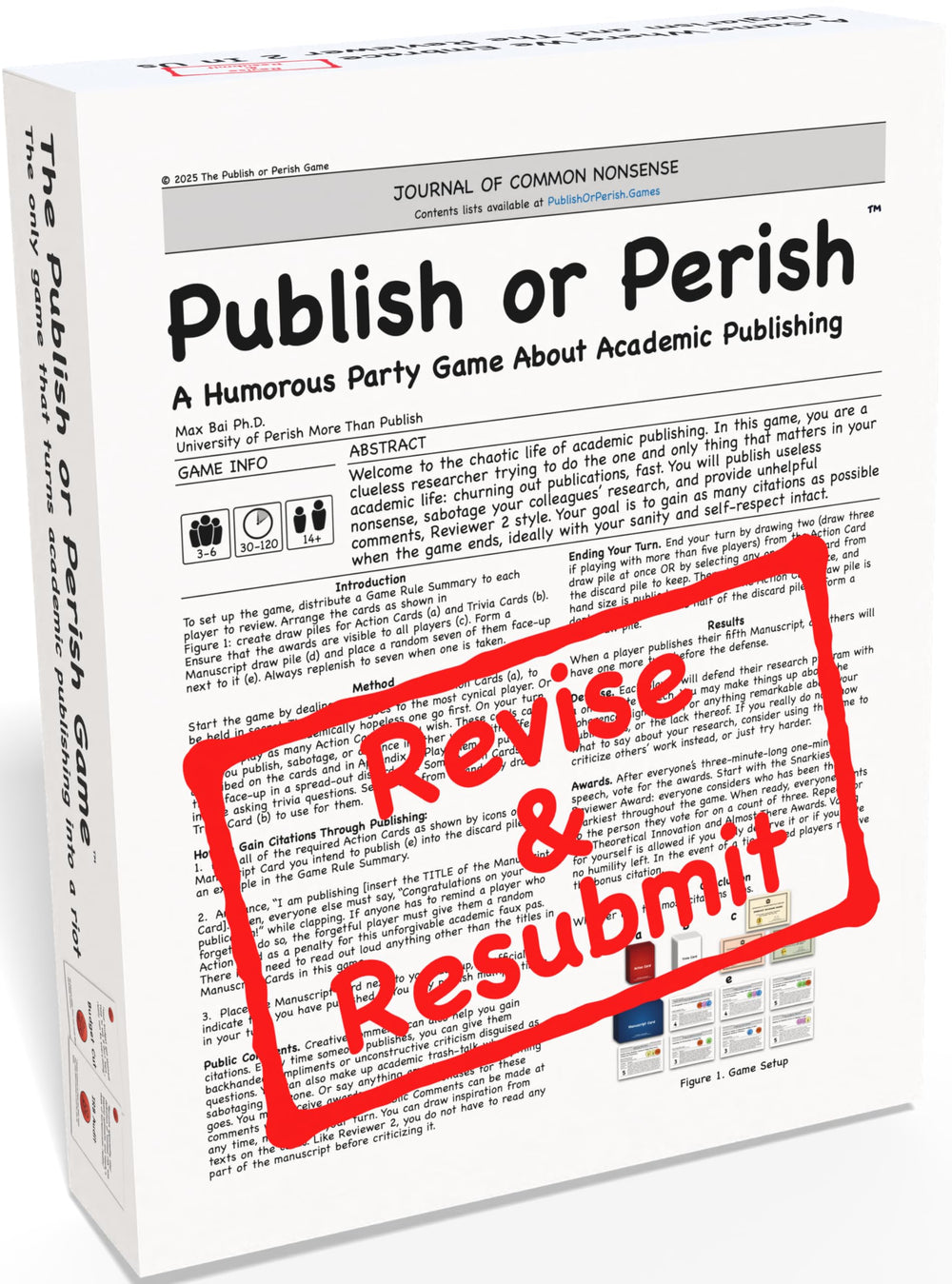 The Publish or Perish Game box and components for quick social play at academic gatherings.