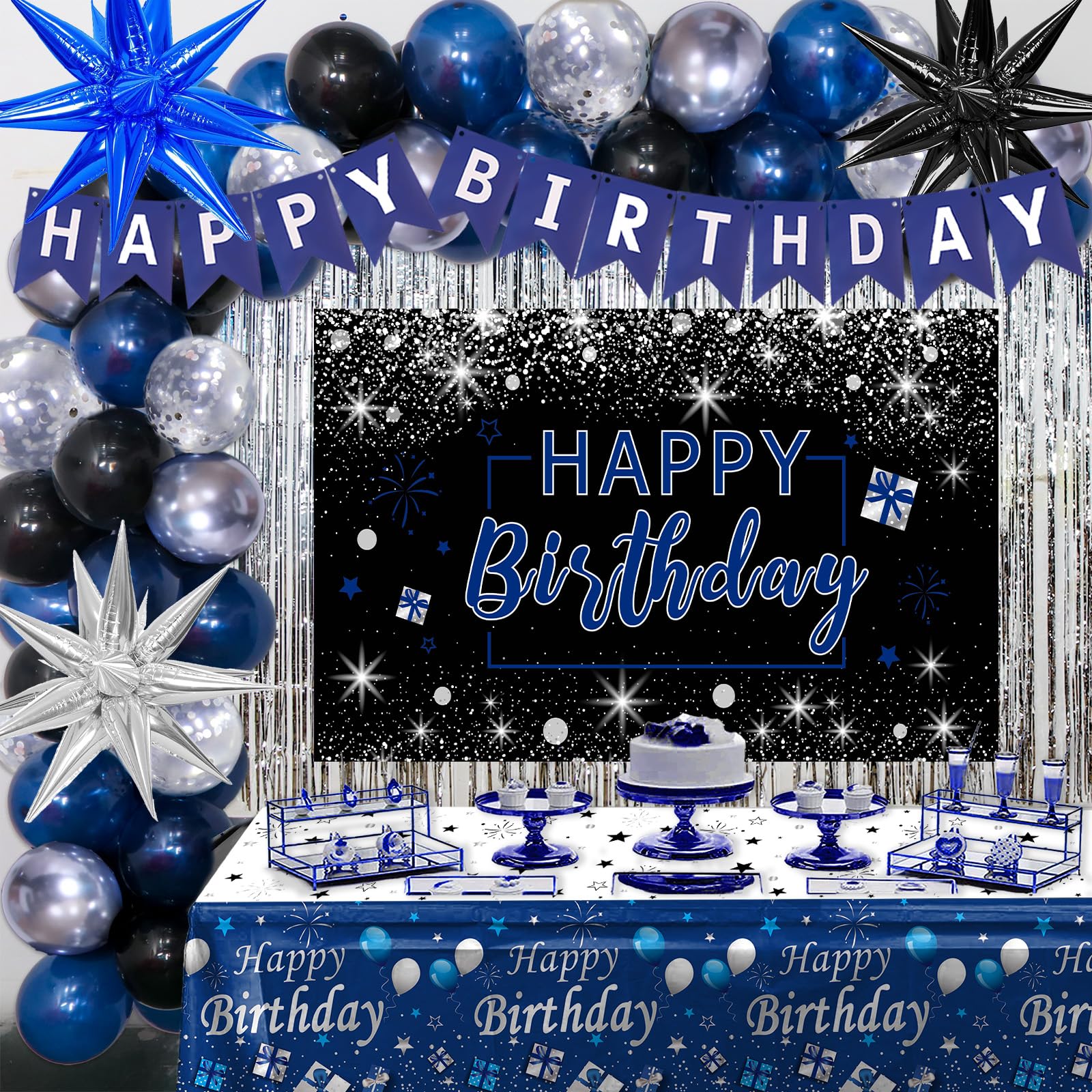 Puchod blue-and-black birthday backdrop for photo-worthy celebrations.