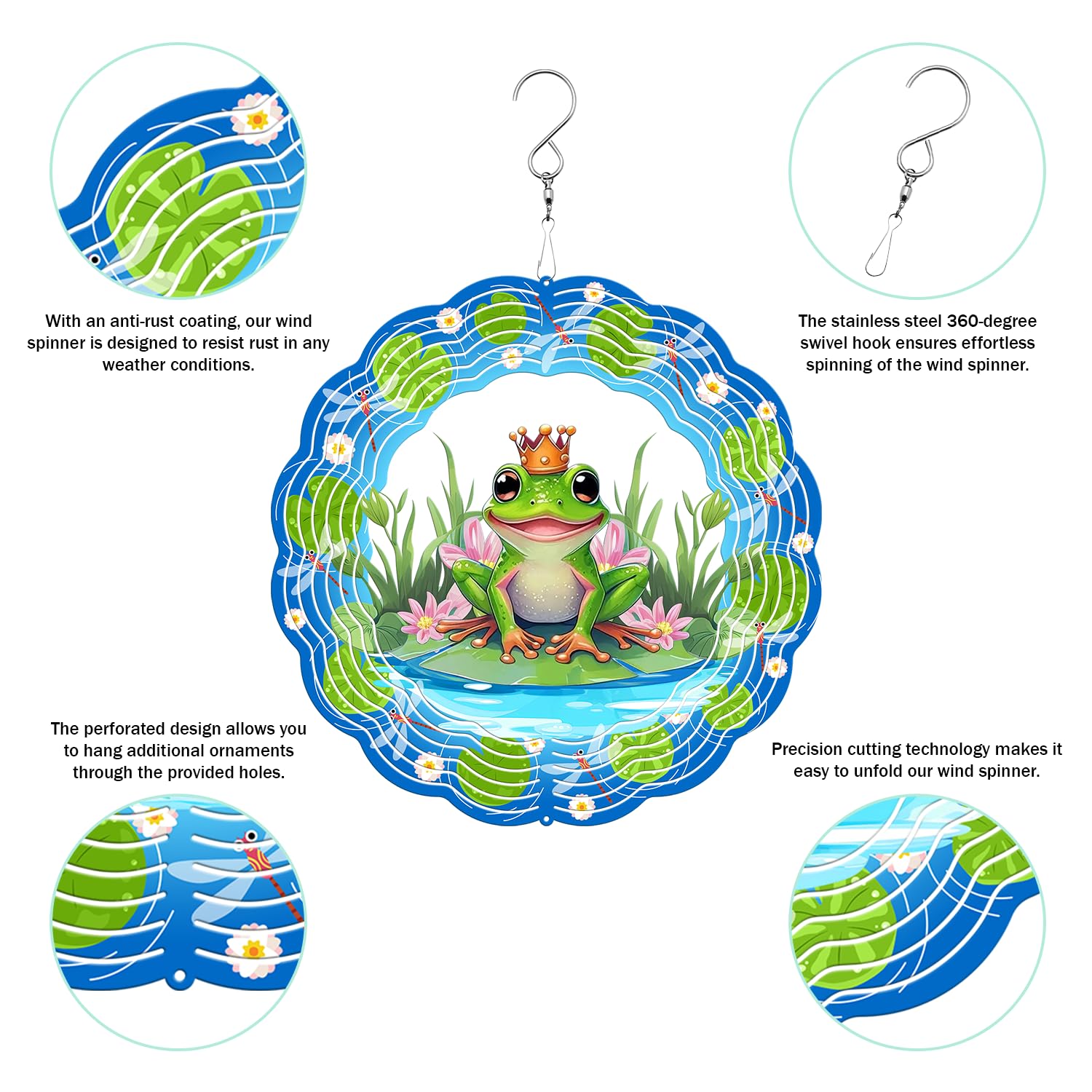 PUCPAM Frog Wind Spinner hanging with 360 degree hook for easy setup