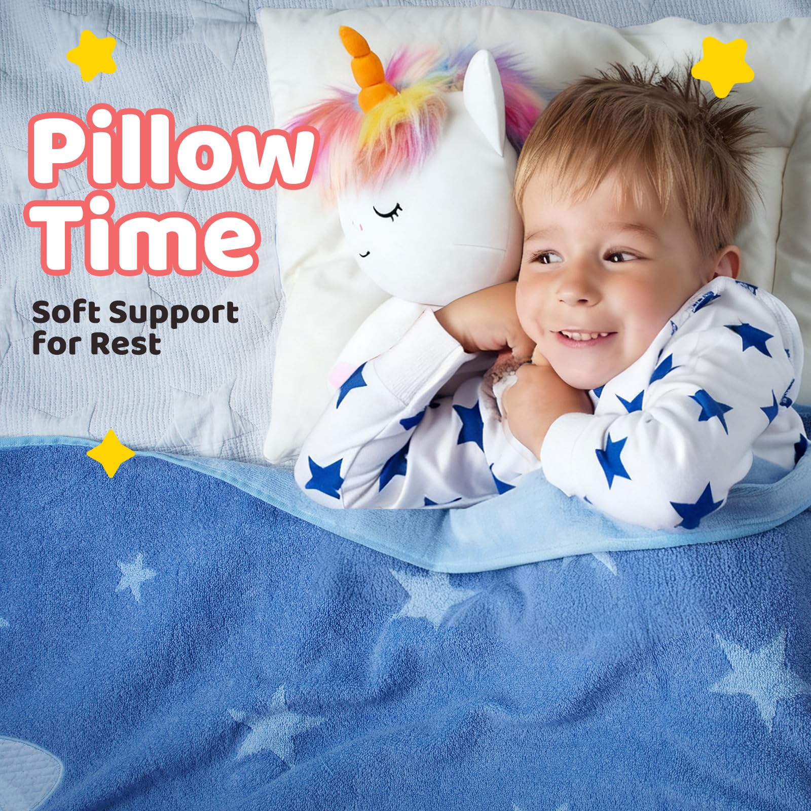 Puffpals 14in unicorn pillow in cozy room setting for easy positioning.